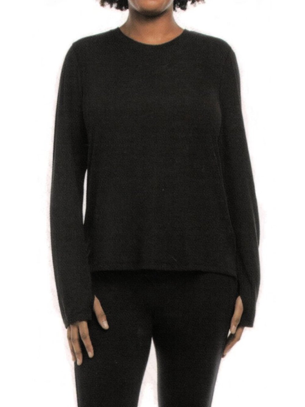 Danskin Womens Ribbed Long Sleeve Active Top Black Thumbhole Crew Neck S